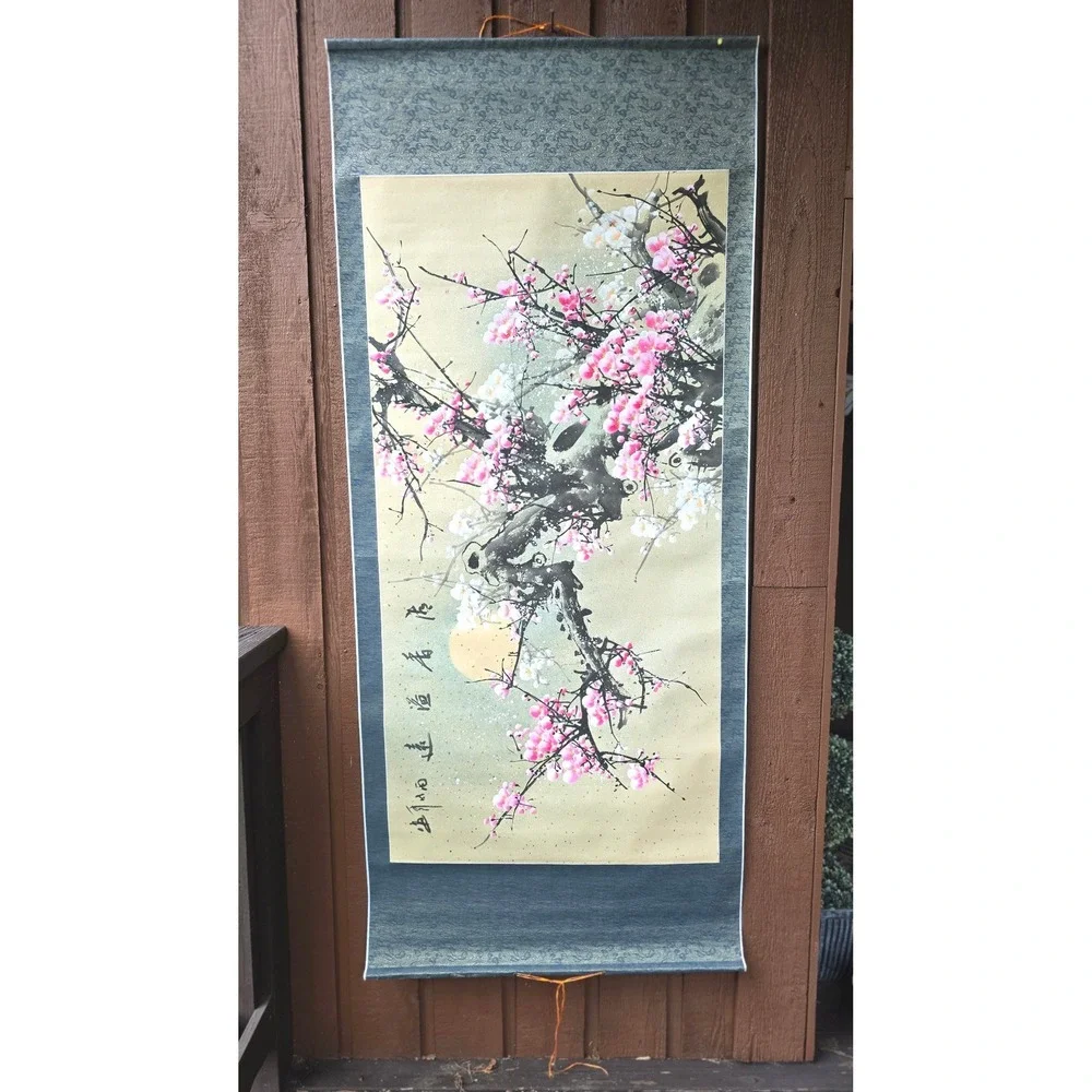 Vintage Chinese Hanging Scroll Painting Pink Plum Blossom Cherry Branch 30x68